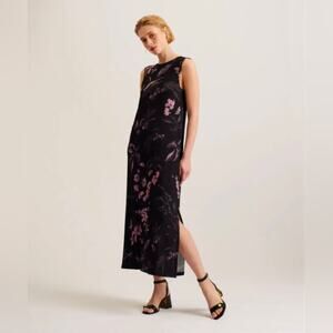 Ted Baker Avial Sleeveless Stretchy Floral Black/Pink Printed Midi Dress, 3/L